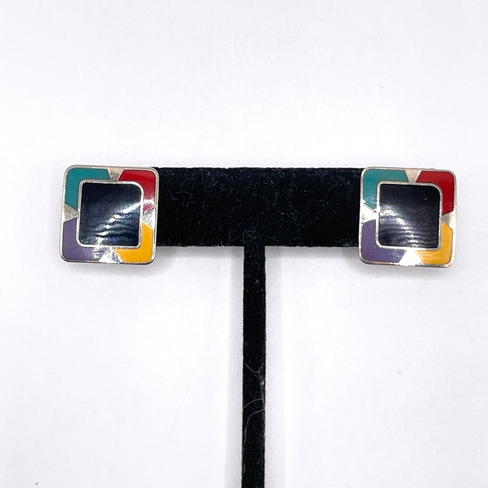 Laurel Burch Signed Vintage Joaquim Square Pierced Post Enamel Earrings
